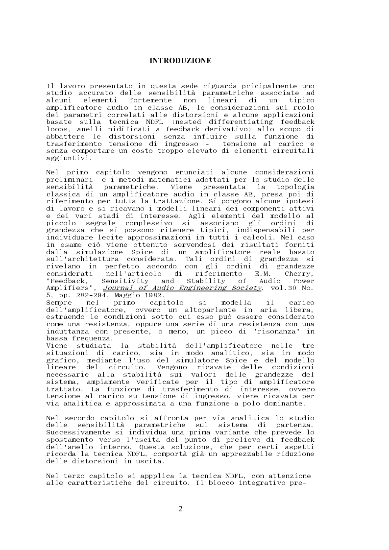 Anteprima della tesi: Stabilità, sensibilità e abbattimento delle distorsioni in un amplificatore audio in classe AB, Pagina 3