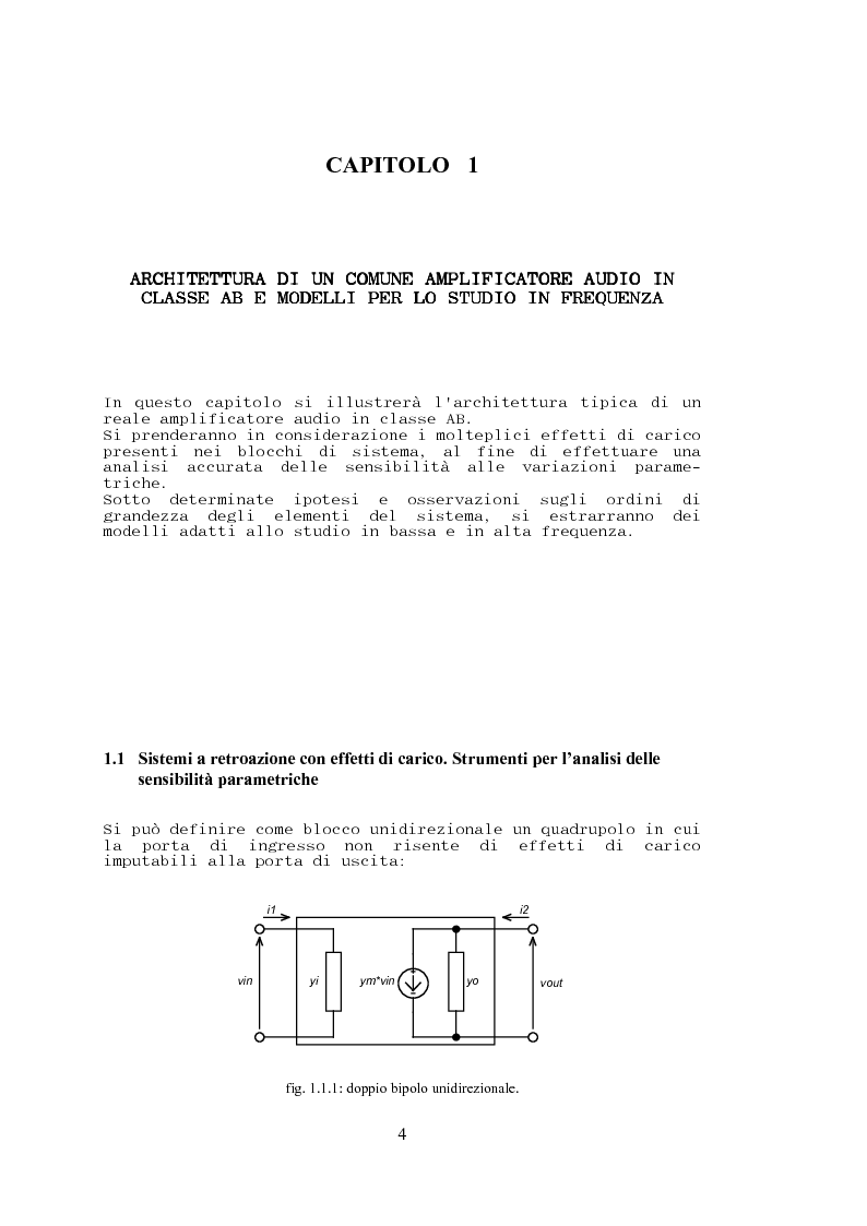 Anteprima della tesi: Stabilità, sensibilità e abbattimento delle distorsioni in un amplificatore audio in classe AB, Pagina 5