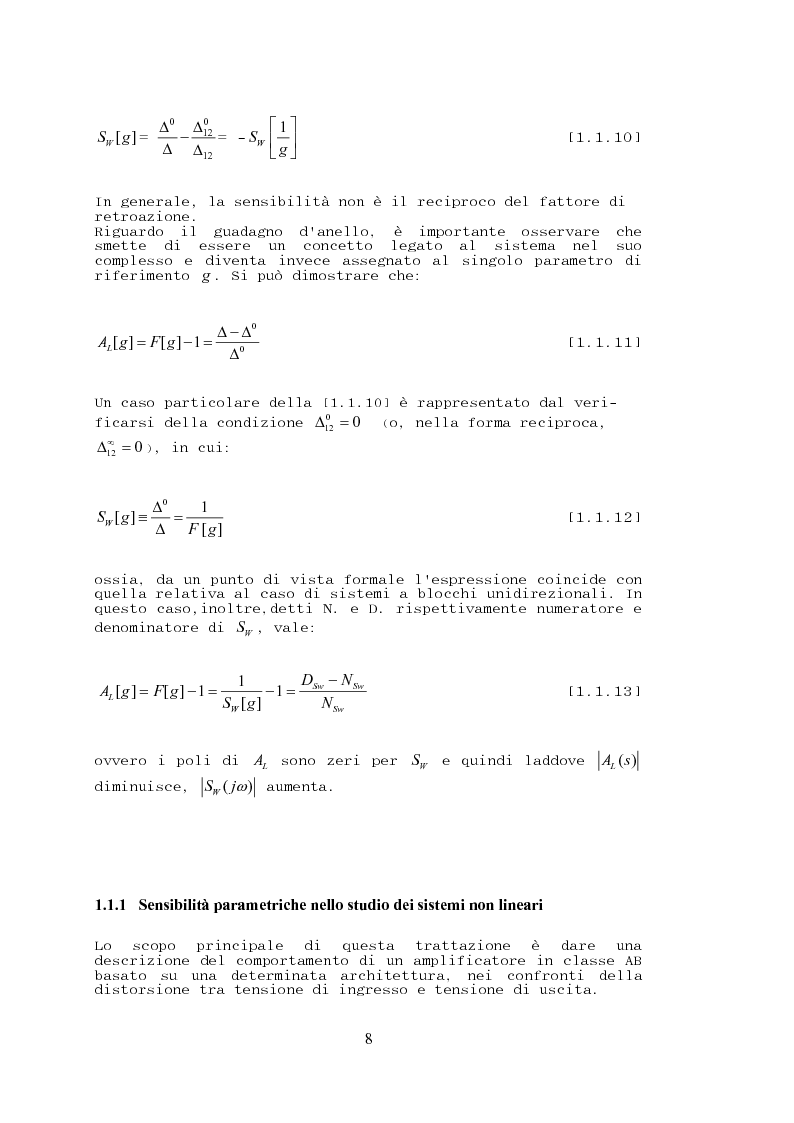 Anteprima della tesi: Stabilità, sensibilità e abbattimento delle distorsioni in un amplificatore audio in classe AB, Pagina 9