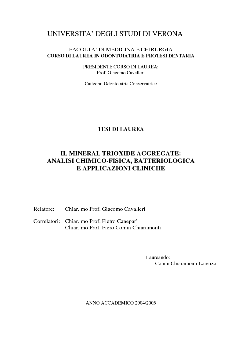 Anteprima della tesi: Il Mineral Trioxide Aggregate: analisi chimico-fisica, batteriologica e applicazioni cliniche, Pagina 1