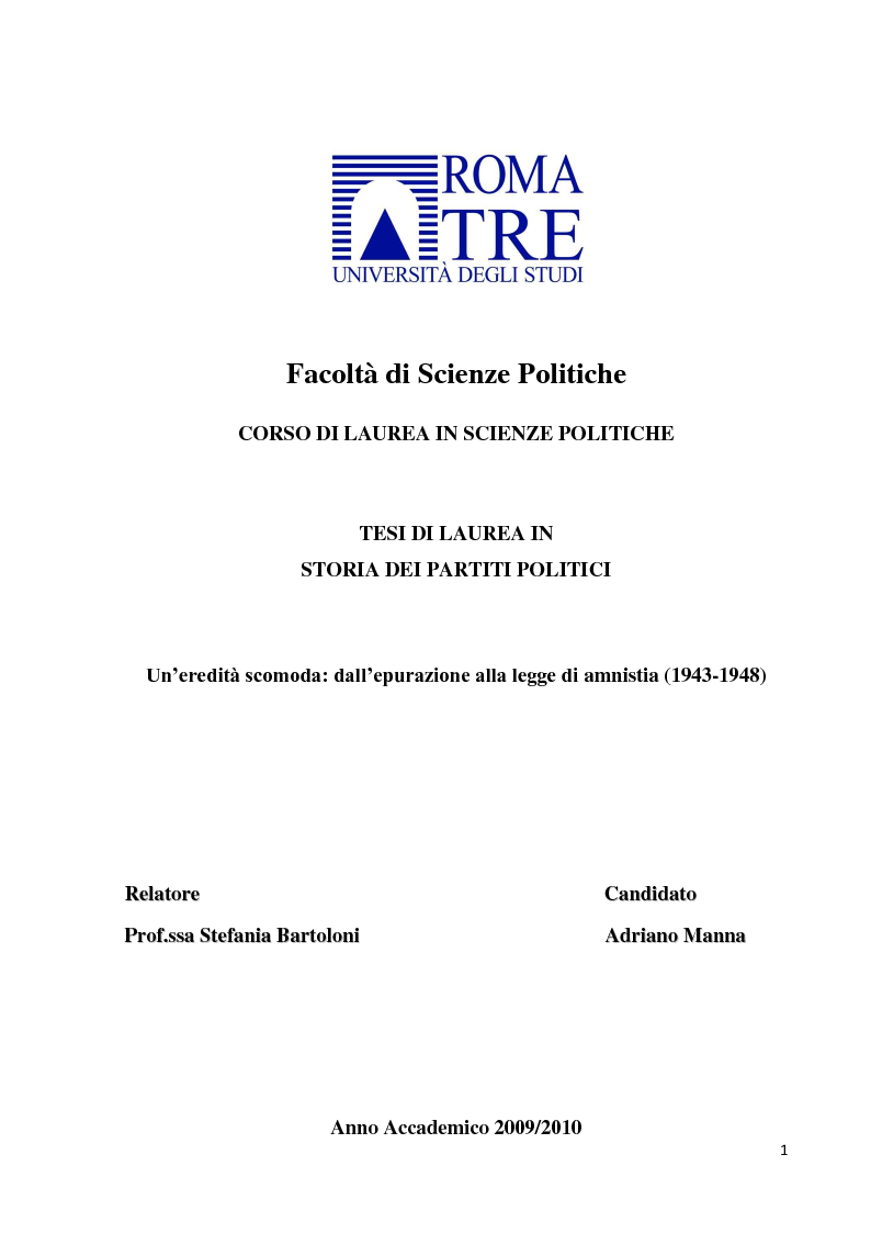 Anteprima della tesi: Un'eredità scomoda: dall'epurazione alla legge di Amnistia (1943-1948), Pagina 1
