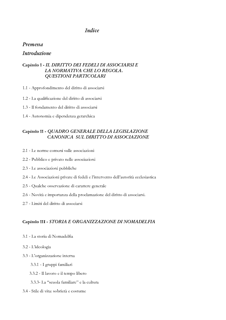Indice della tesi: Un particolare modello di associazione cristiana: Nomadelfia, Pagina 1
