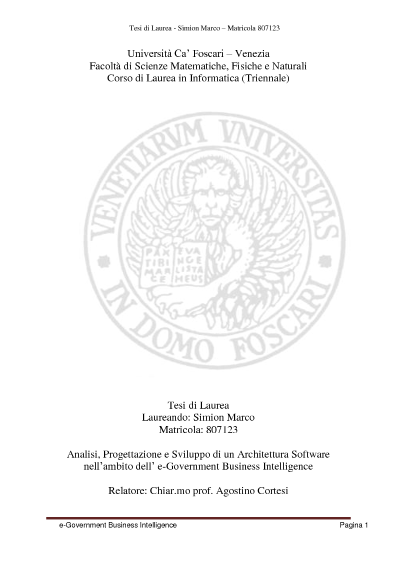 Anteprima della tesi: Analisi, Progettazione e Sviluppo di un Architettura Software nell’ambito dell’e-Government Business Intelligence, Pagina 1