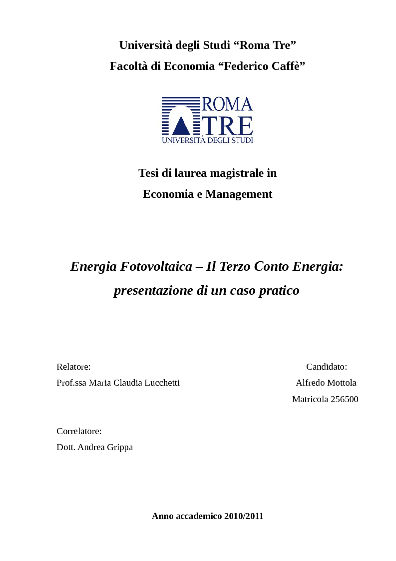 Anteprima della tesi: Energia Fotovoltaica - il Terzo Conto Energia: Presentazione di un caso pratico, Pagina 1