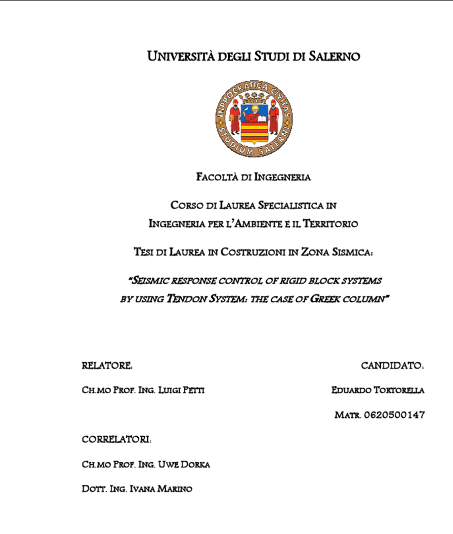 Anteprima della tesi: Seismic response control of rigid block systems by using Tendon System: the case of Greek column, Pagina 1