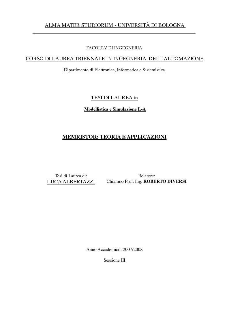 Anteprima della tesi: Memristor: teoria e applicazioni, Pagina 1