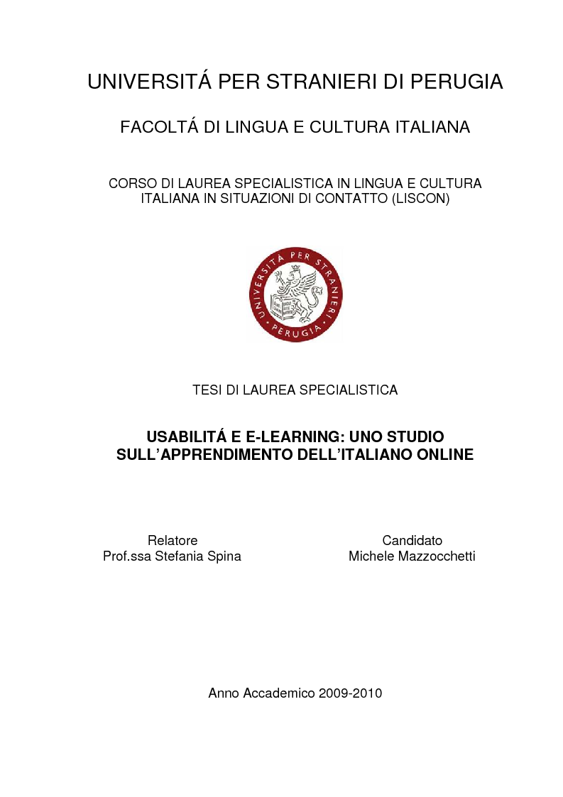 Anteprima della tesi: Usabilità e e-learning: uno studio sull'apprendimento dell'italiano online, Pagina 1