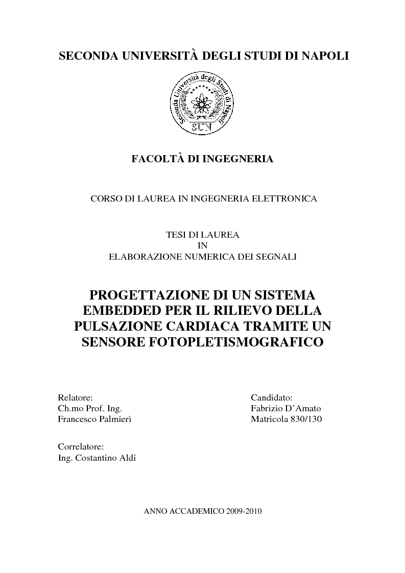 Anteprima della tesi: Progettazione di un sistema embedded per il rilievo della pulsazione cardiaca tramite un sensore fotopletismografico, Pagina 1
