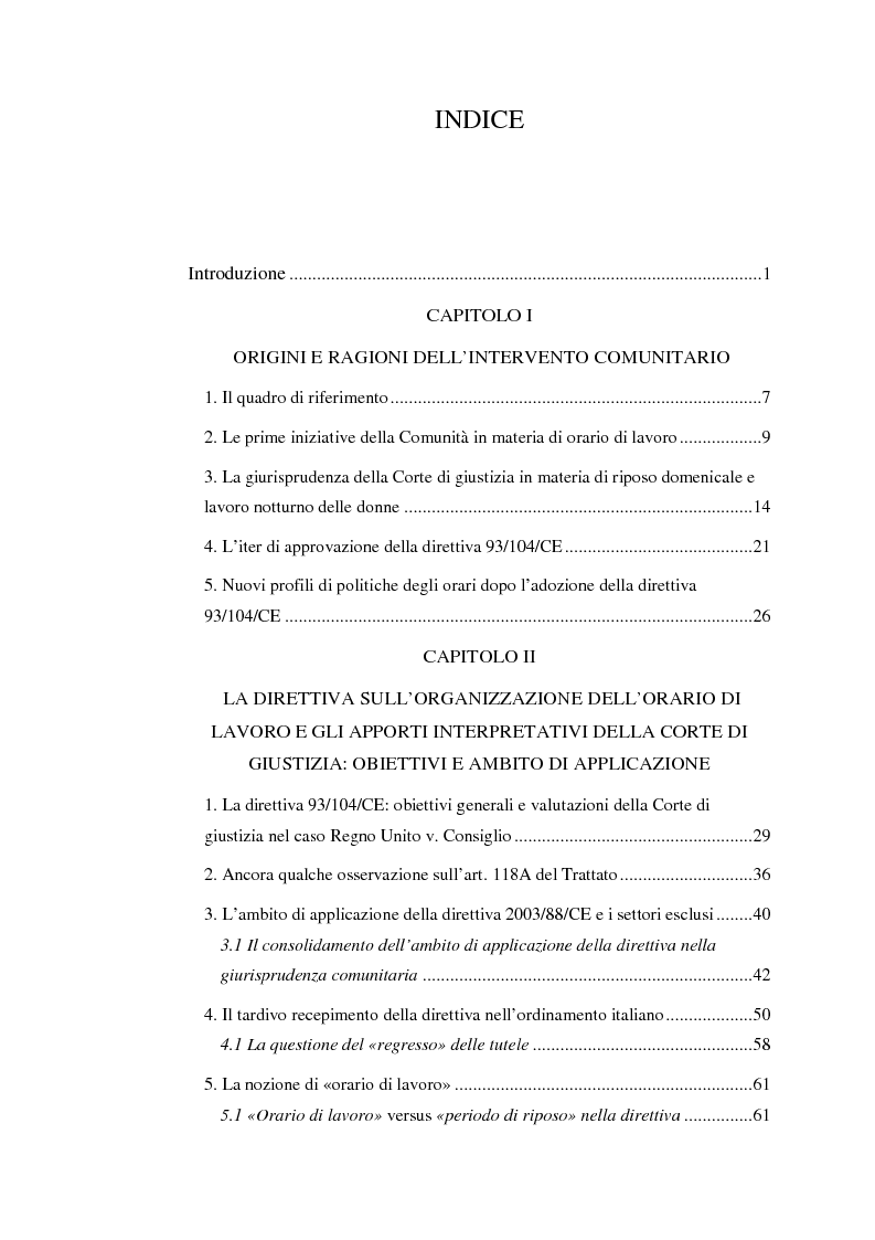 Indice della tesi: La normativa comunitaria in materia di orario di lavoro, Pagina 1