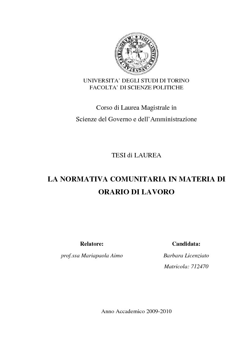 Anteprima della tesi: La normativa comunitaria in materia di orario di lavoro, Pagina 1