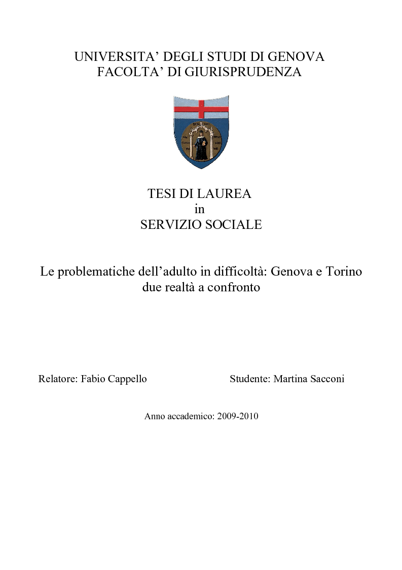 Anteprima della tesi: Le problematiche dell'adulto in difficoltà: Genova e Torino due realtà a confronto, Pagina 1