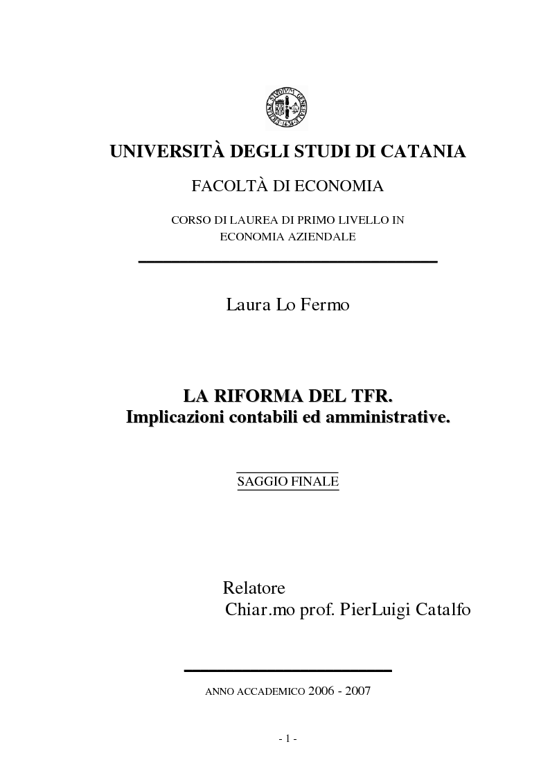 Anteprima della tesi: La Riforma del TFR. Implicazioni contabili ed amministrative., Pagina 1