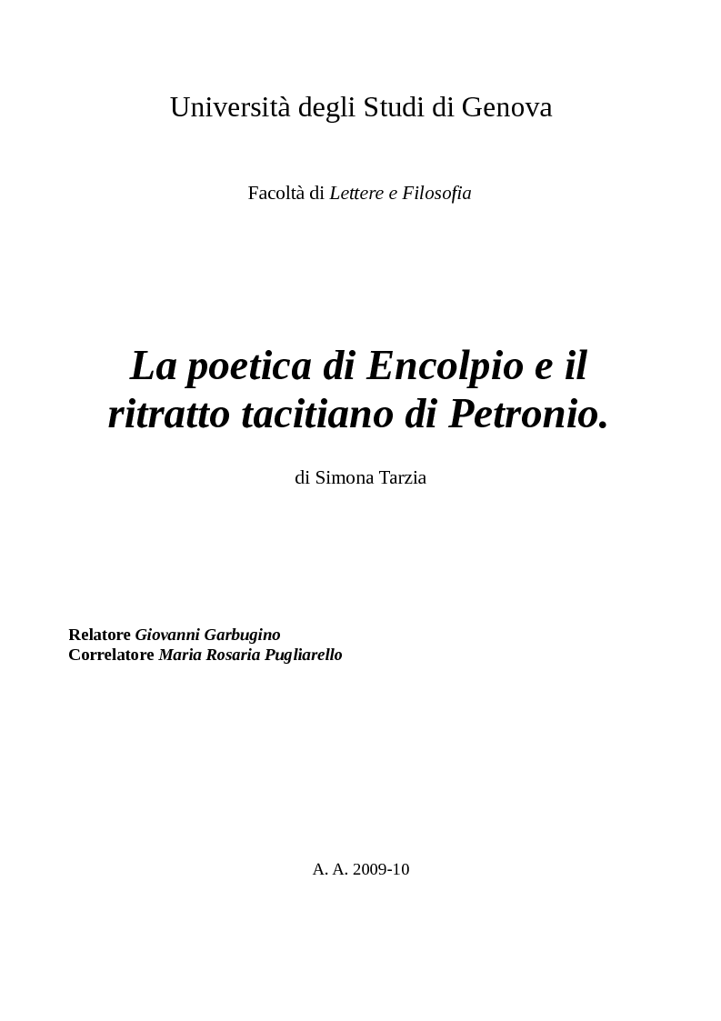 Anteprima della tesi: La poetica di Encolpio e il ritratto tacitiano di Petronio., Pagina 1