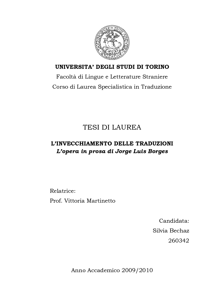 Anteprima della tesi: L'invecchiamento delle traduzioni. L'opera in prosa di Jorge Luis Borges, Pagina 1