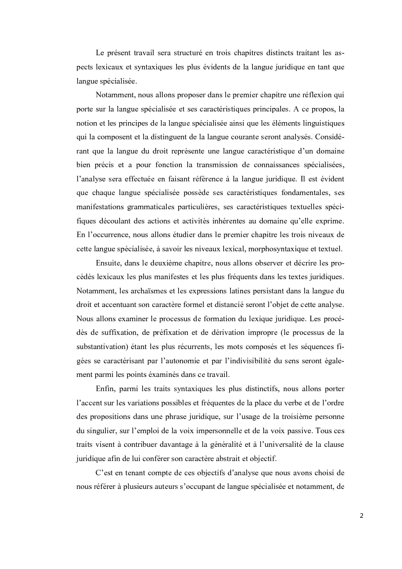 Anteprima della tesi: Aspects lexicaux et syntaxiques de la langue juridique en tant que langue spécialisée dans un corpus du droit international privé dans le domaine contractuel, Pagina 3