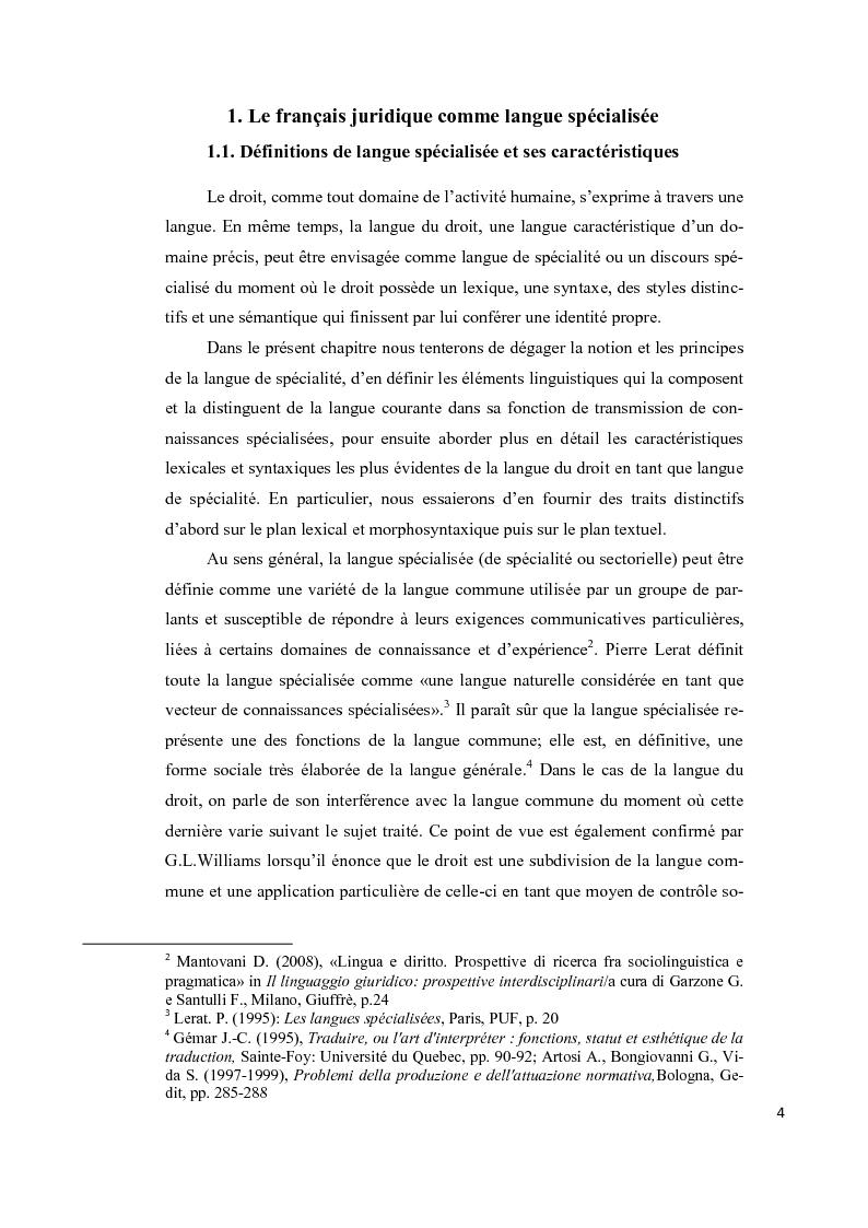 Anteprima della tesi: Aspects lexicaux et syntaxiques de la langue juridique en tant que langue spécialisée dans un corpus du droit international privé dans le domaine contractuel, Pagina 5