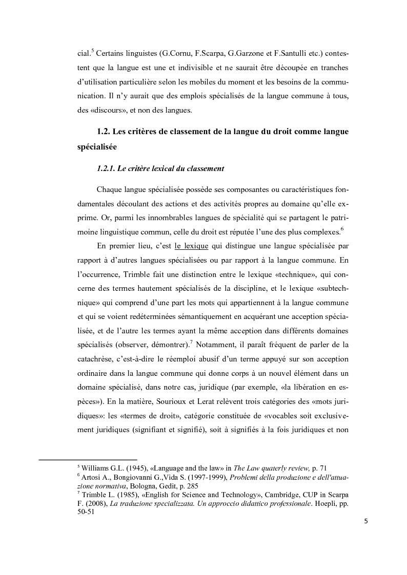 Anteprima della tesi: Aspects lexicaux et syntaxiques de la langue juridique en tant que langue spécialisée dans un corpus du droit international privé dans le domaine contractuel, Pagina 6