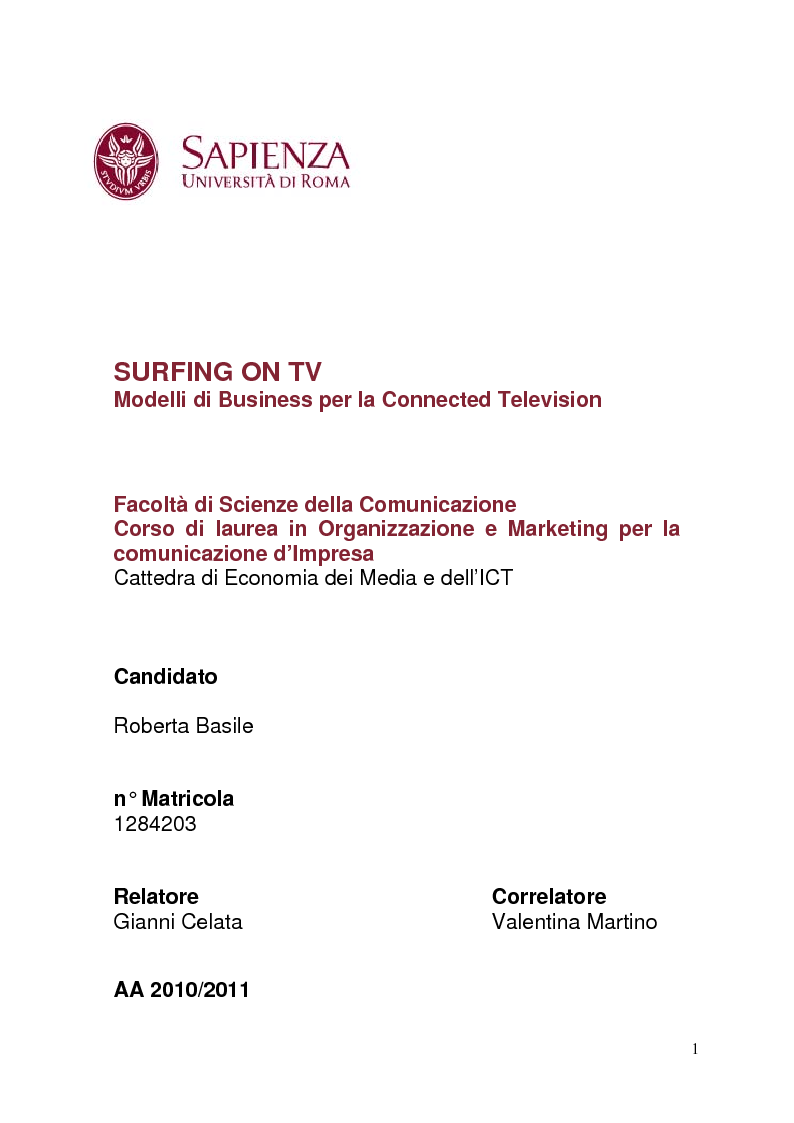 Anteprima della tesi: Surfing on TV. Modelli di Business per la Connected Television, Pagina 1
