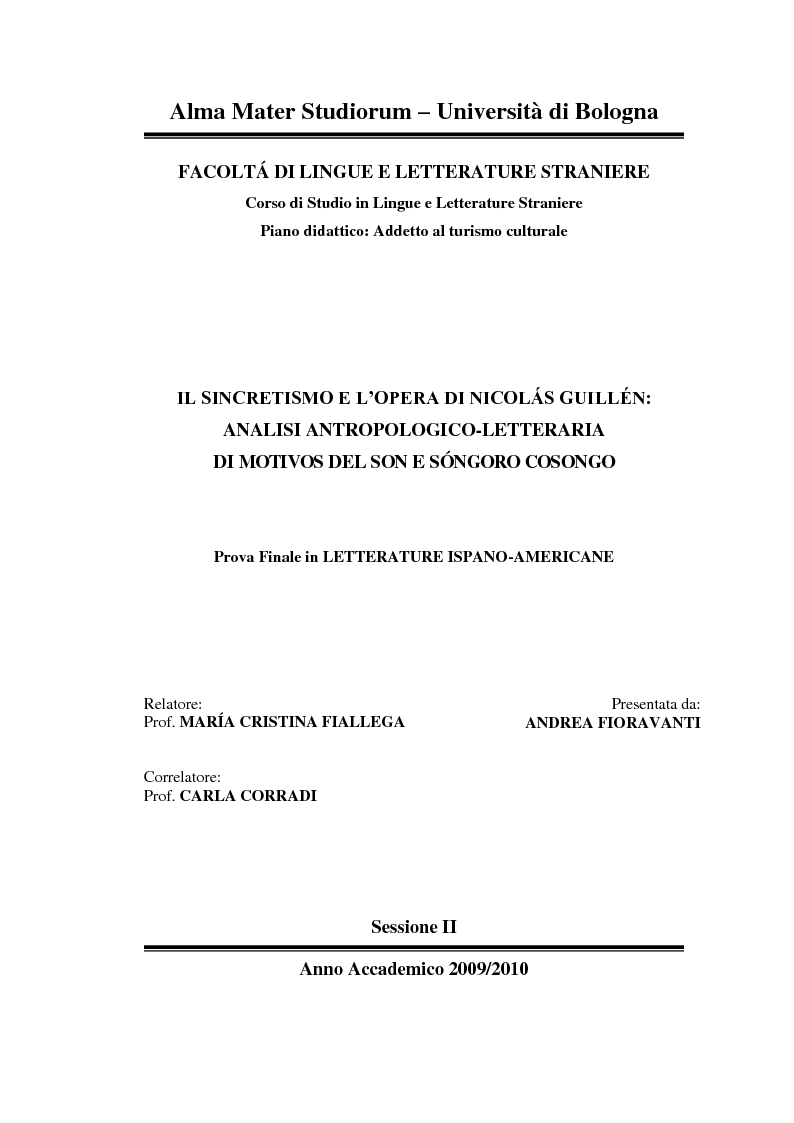 Anteprima della tesi: Il Sincretismo e l'opera di Nicolàs Guillén: analisi antropologico-letteraria di ''Motivos del Son'' e ''Sòngoro Cosongo'', Pagina 1