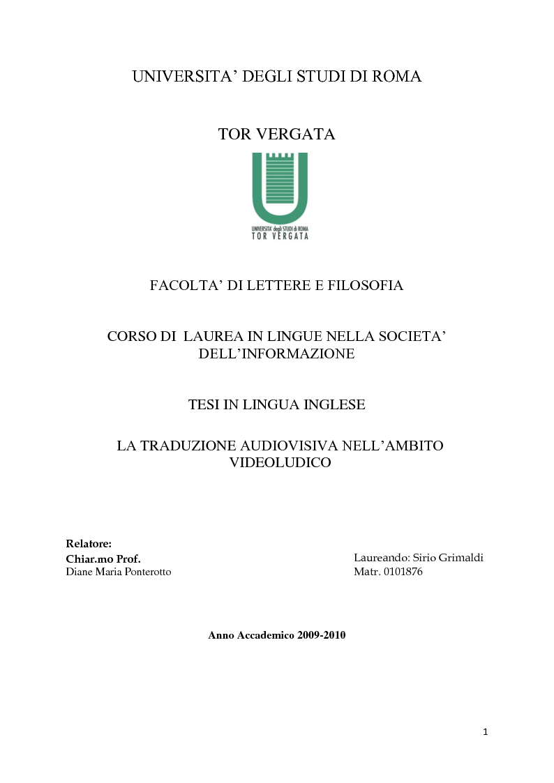 Anteprima della tesi: La traduzione audiovisiva nell'ambito videoludico, Pagina 1