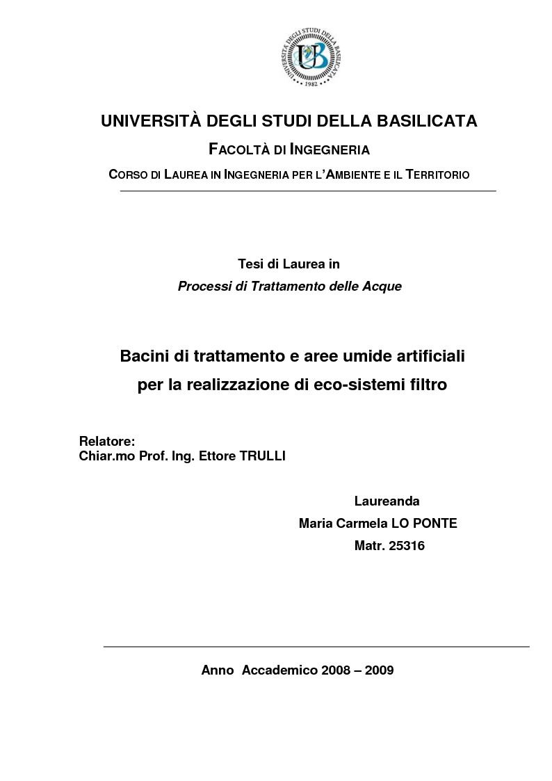 Anteprima della tesi: Bacini di trattamento e aree umide artificiali per la realizzazione di eco-sistemi filtro, Pagina 1