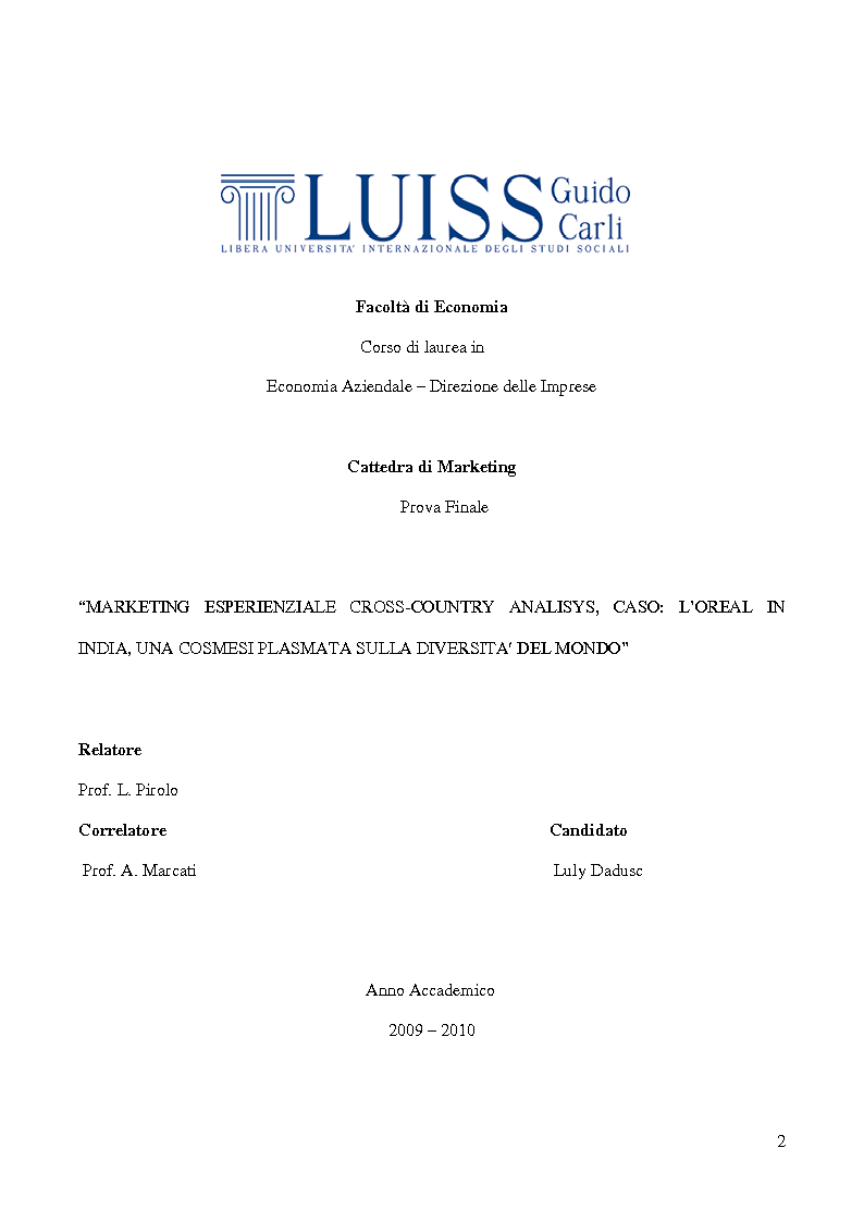 Anteprima della tesi: Marketing Esperinziale cross-country analisys. caso: L'Oréal in India, una cosmesi plasmata sulla diversità del mondo., Pagina 1