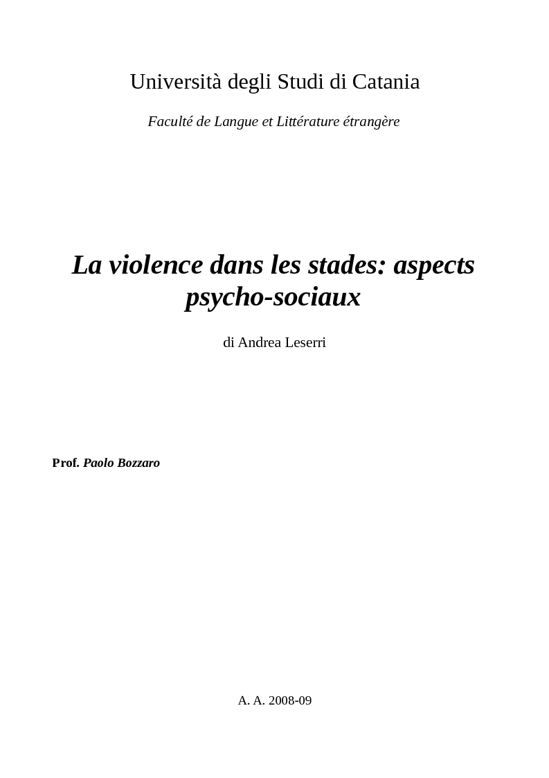 Anteprima della tesi: La violence dans les stades: aspects psycho-sociaux, Pagina 1