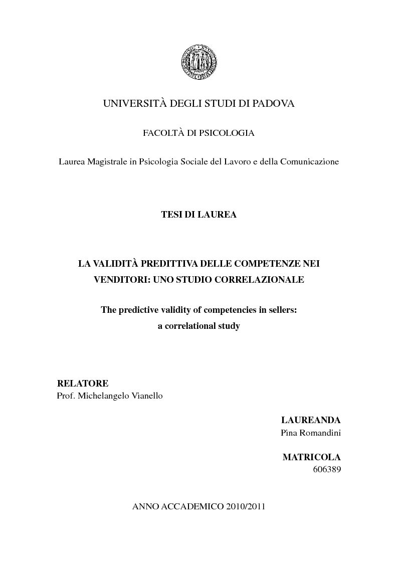 Anteprima della tesi: La validità predittiva delle competenze nei venditori: uno studio correlazionale., Pagina 1