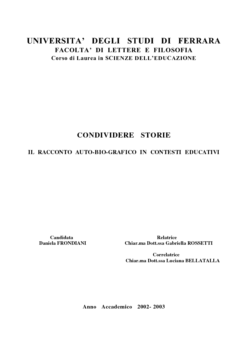 Anteprima della tesi: Condividere storie. Il racconto auto-bio-grafico in contesti educativi, Pagina 1