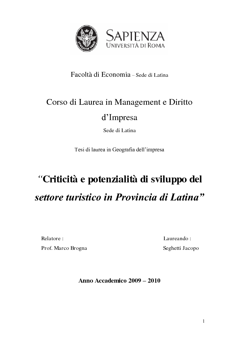 Anteprima della tesi: Criticità e potenzialità di sviluppo del settore turistico in provincia di Latina, Pagina 1