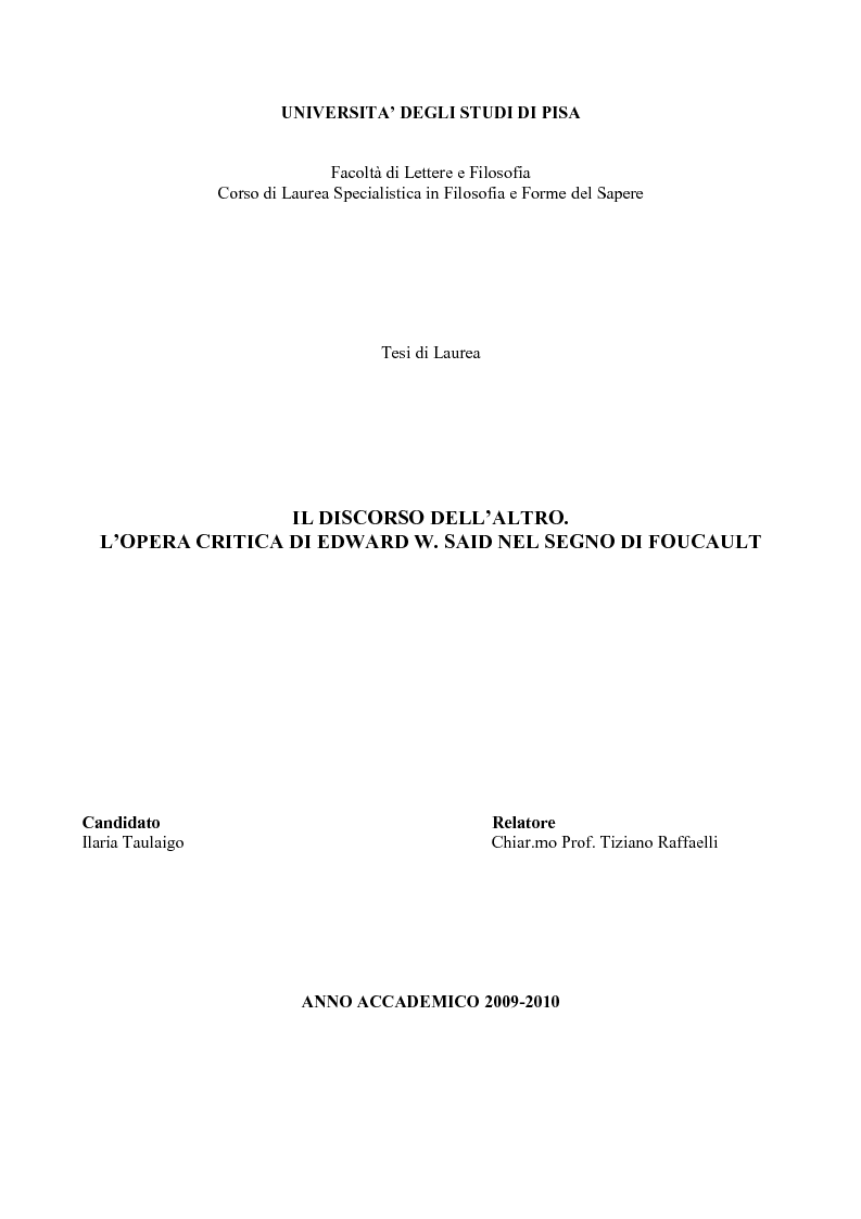 Anteprima della tesi: Il discorso dell'Altro. L'opera critica di Edward W. Said nel segno di Foucault, Pagina 1