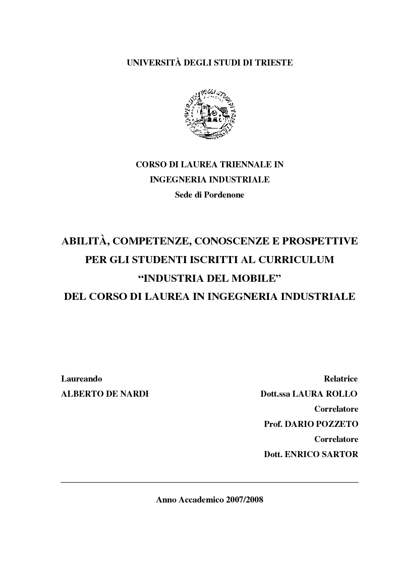 Anteprima della tesi: Abilità, competenze, conoscenze e prospettive per gli studenti iscritti al curriculum "Industria del mobile" del corso di laurea in Ingegneria industriale, Pagina 1