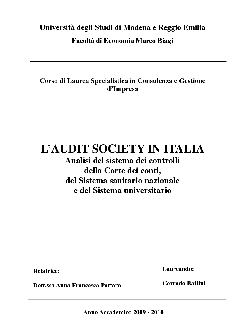 Anteprima della tesi: L’Audit Society in Italia. Analisi del sistema dei controlli della Corte dei conti, del Sistema sanitario nazionale e del Sistema universitario, Pagina 1