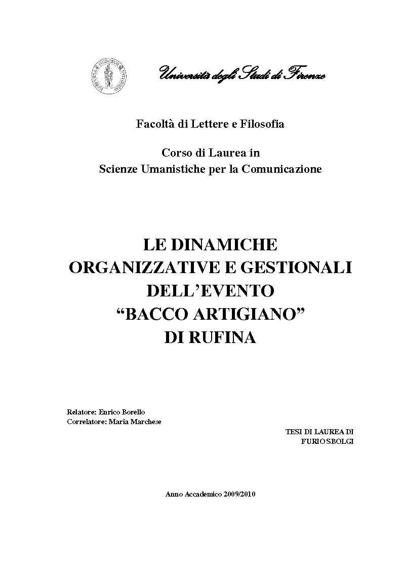 Anteprima della tesi: Le dinamiche organizzative e gestionali dell'evento "Bacco Artigiano" di Rufina, Pagina 1