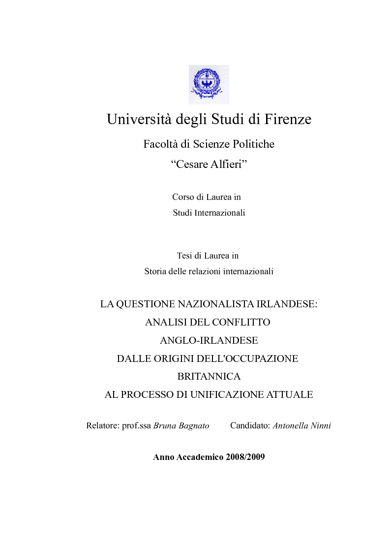 Anteprima della tesi: La questione nazionalista irlandese: analisi del conflitto anglo-irlandese dall'occupazione britannica al processo di pacificazione attuale., Pagina 1