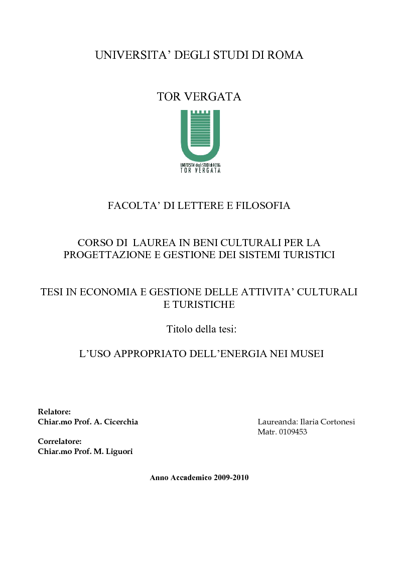 Anteprima della tesi: L'uso appropriato dell'energia nei musei, Pagina 1