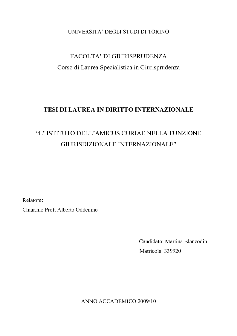 Anteprima della tesi: L’ istituto dell'amicus curiae nella funzione giurisdizionale internazionale, Pagina 1