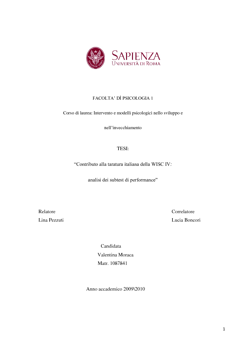 Anteprima della tesi: Contributo alla taratura italiana della WISC IV: analisi dei subtest di performance, Pagina 1