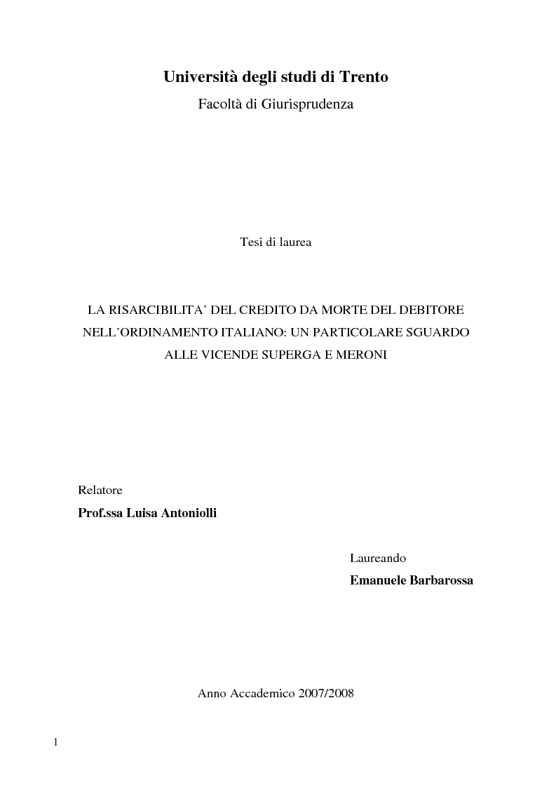 Anteprima della tesi: La risarcibilità del credito da morte del debitore nell'ordinamento italiano: un particolare sguardo alle vicende Superga e Meroni., Pagina 1