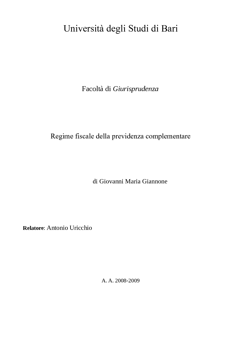 Anteprima della tesi: Regime fiscale della previdenza complementare, Pagina 1