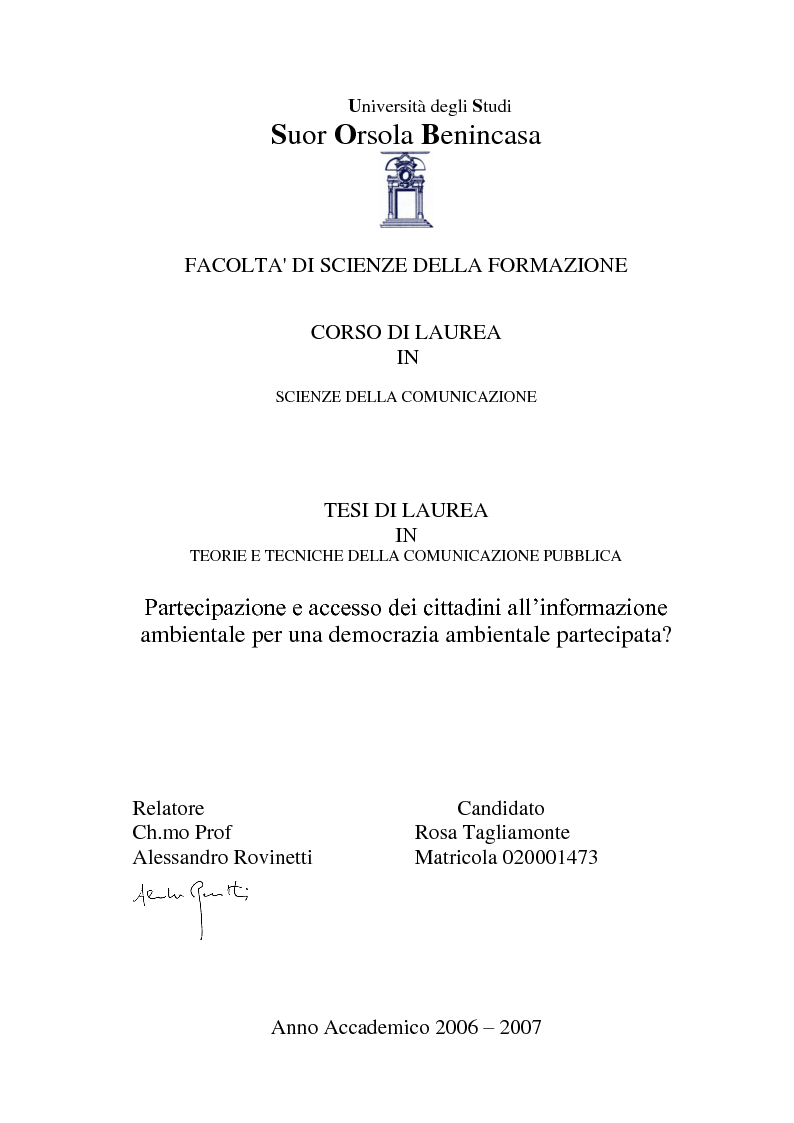 Anteprima della tesi: Partecipazione e accesso dei cittadini all’informazione ambientale per una democrazia ambientale partecipata?, Pagina 1