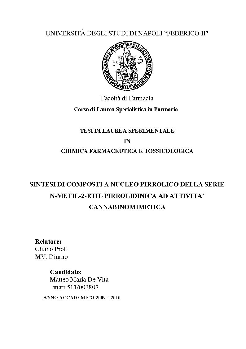 Anteprima della tesi: Sintesi di composti a nucleo pirrolico della serie n-metil-2-etil pirrolidinica ad attività cannabinomimetica, Pagina 1
