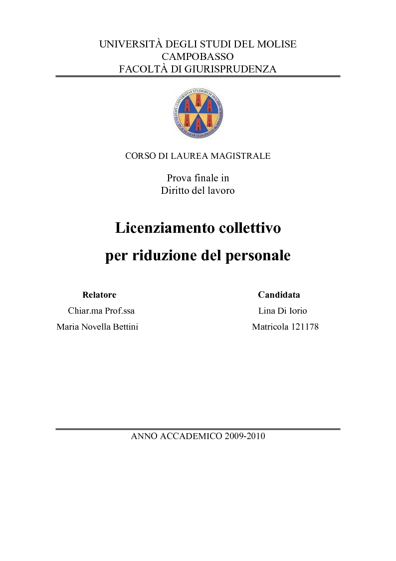 Anteprima della tesi: Licenziamento collettivo per riduzione del personale, Pagina 1
