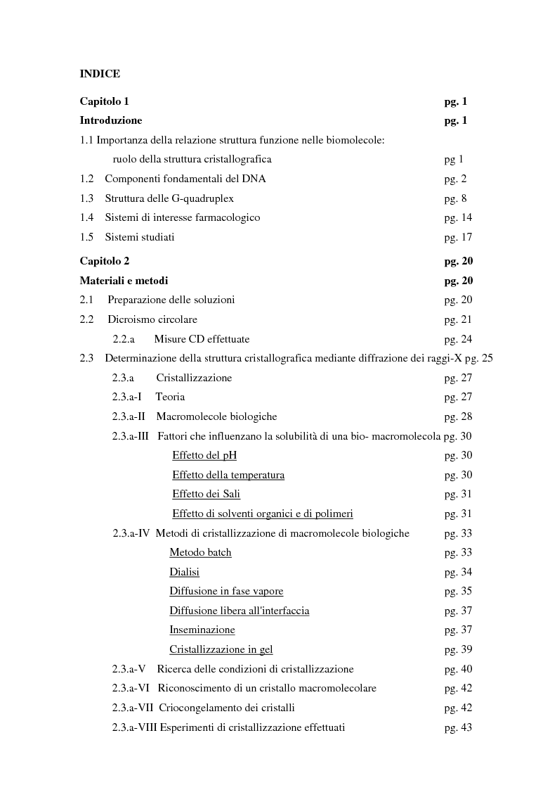 Indice della tesi: Caratterizzazione e cristallizzazione di sequenze oligonucleotidiche ricche in guanina formanti quadruple eliche di DNA, Pagina 1