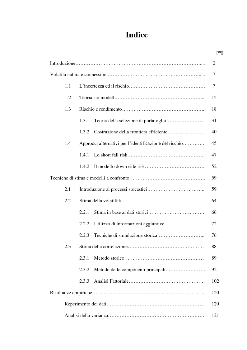 Indice della tesi: Modelli per lo studio della volatilità: analisi e applicazioni, Pagina 1