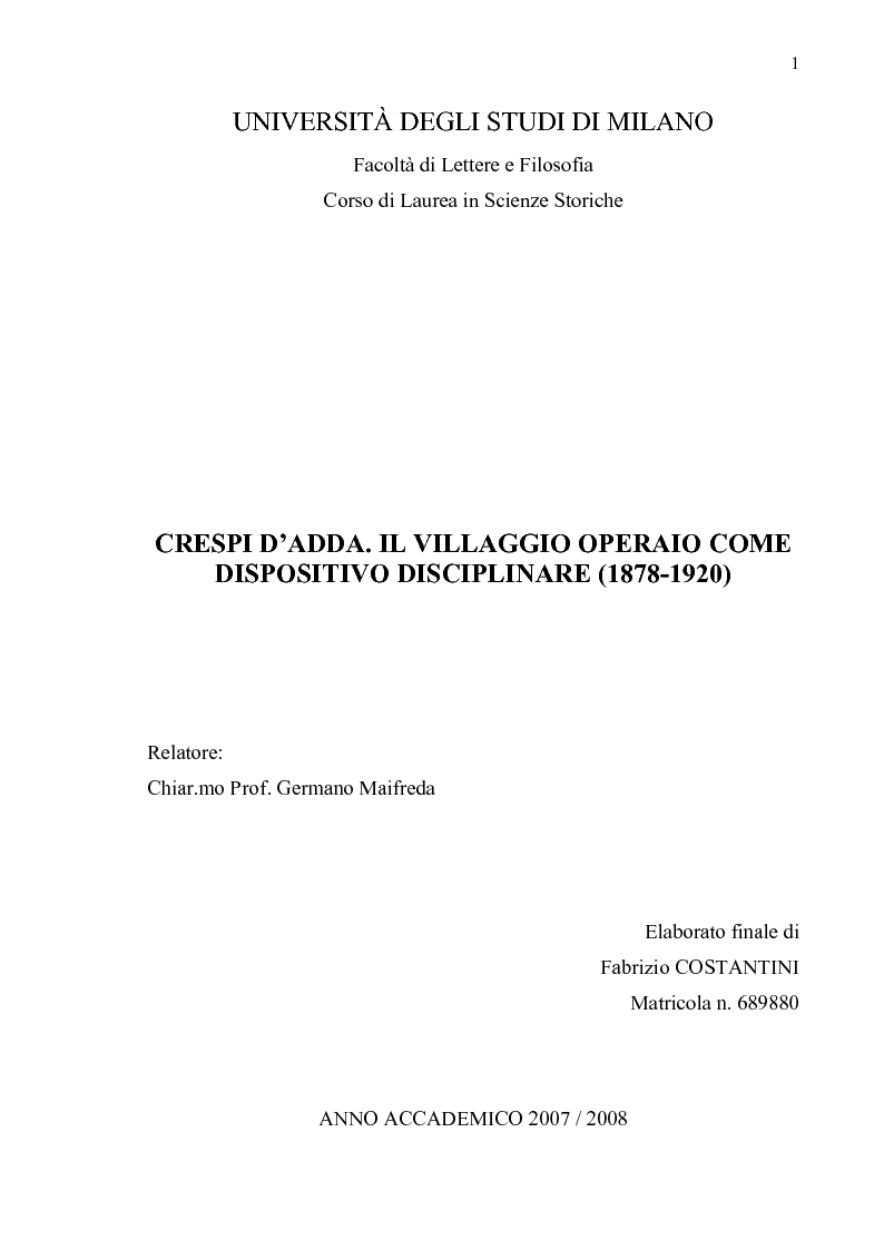 Anteprima della tesi: Crespi d'Adda. Il villaggio operaio come dispositivo disciplinare (1878-1920), Pagina 1