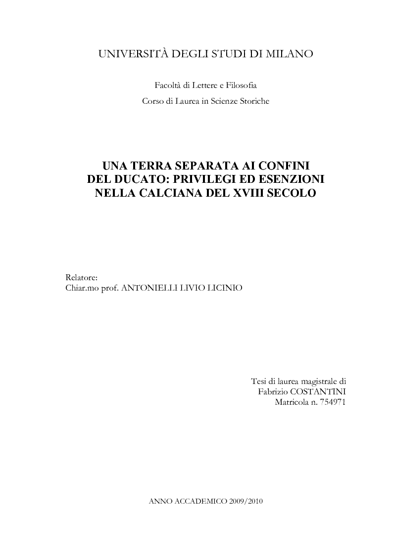 Anteprima della tesi: Una terra separata ai confini del Ducato. Privilegi ed esenzioni della Calciana nel XVIII secolo, Pagina 1
