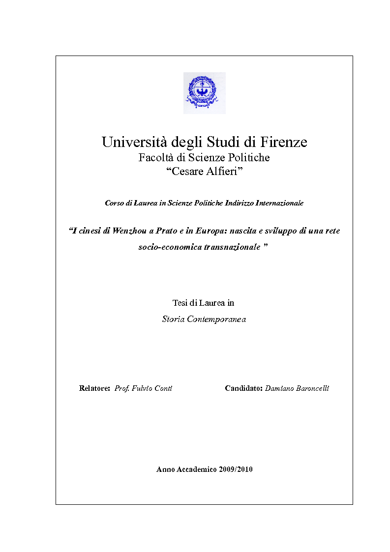 Anteprima della tesi: I cinesi di Wenzhou a Prato e in Europa: nascita e sviluppo di una rete socio-economica trasnazionale, Pagina 1