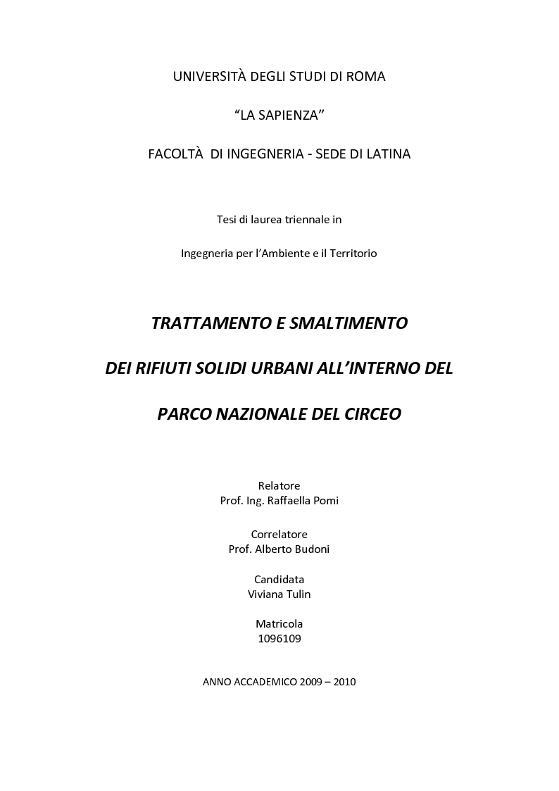 Anteprima della tesi: Trattamento e smaltimento dei Rifiuti Solidi Urbani all'interno del Parco Nazionale del Circeo, Pagina 1