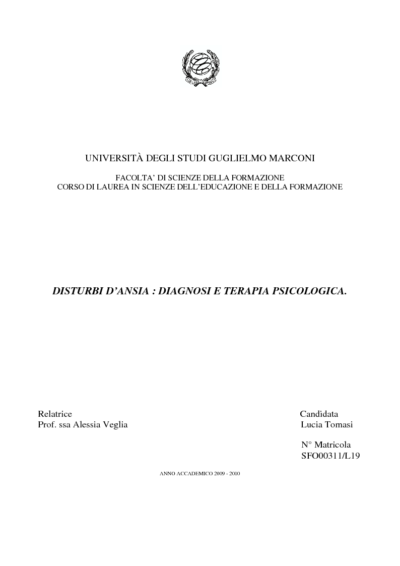 Anteprima della tesi: Disturbi d'ansia: diagnosi e terapia psicologica, Pagina 1